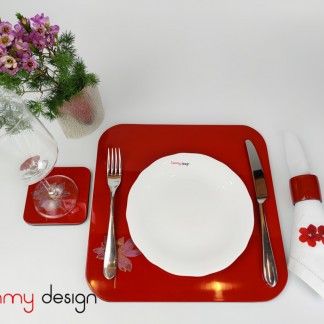 Red rectangular lacquer box included with 6 placemats, 6 coasters and 6 napkin rings with lotus pattern